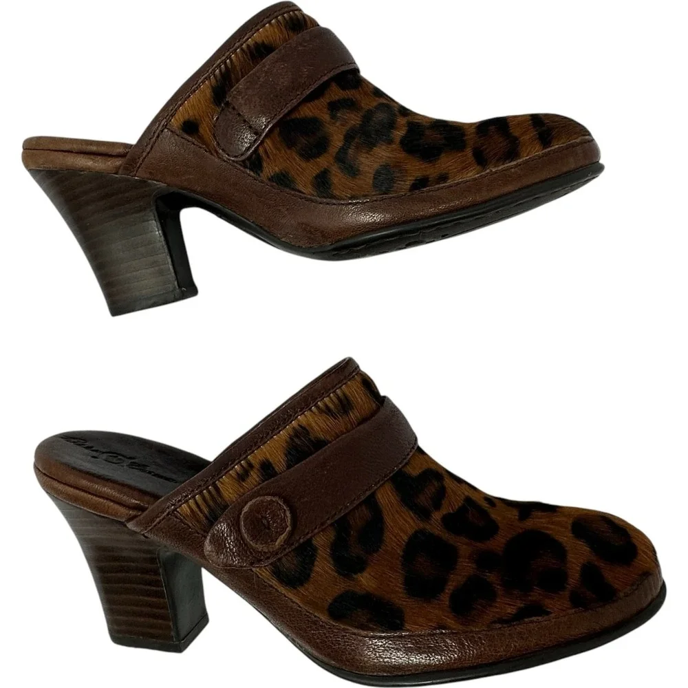 Born Concepts Heeled Mules 7/38 Leather Pony Hair-On Leopard Cowgirl Ranchcore